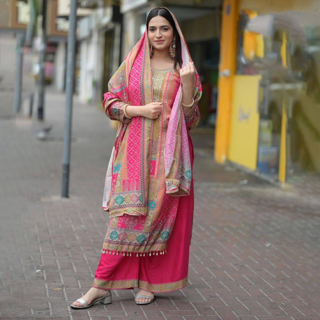 Presenting Multi Print With Work Pink Color Palazzo Suit