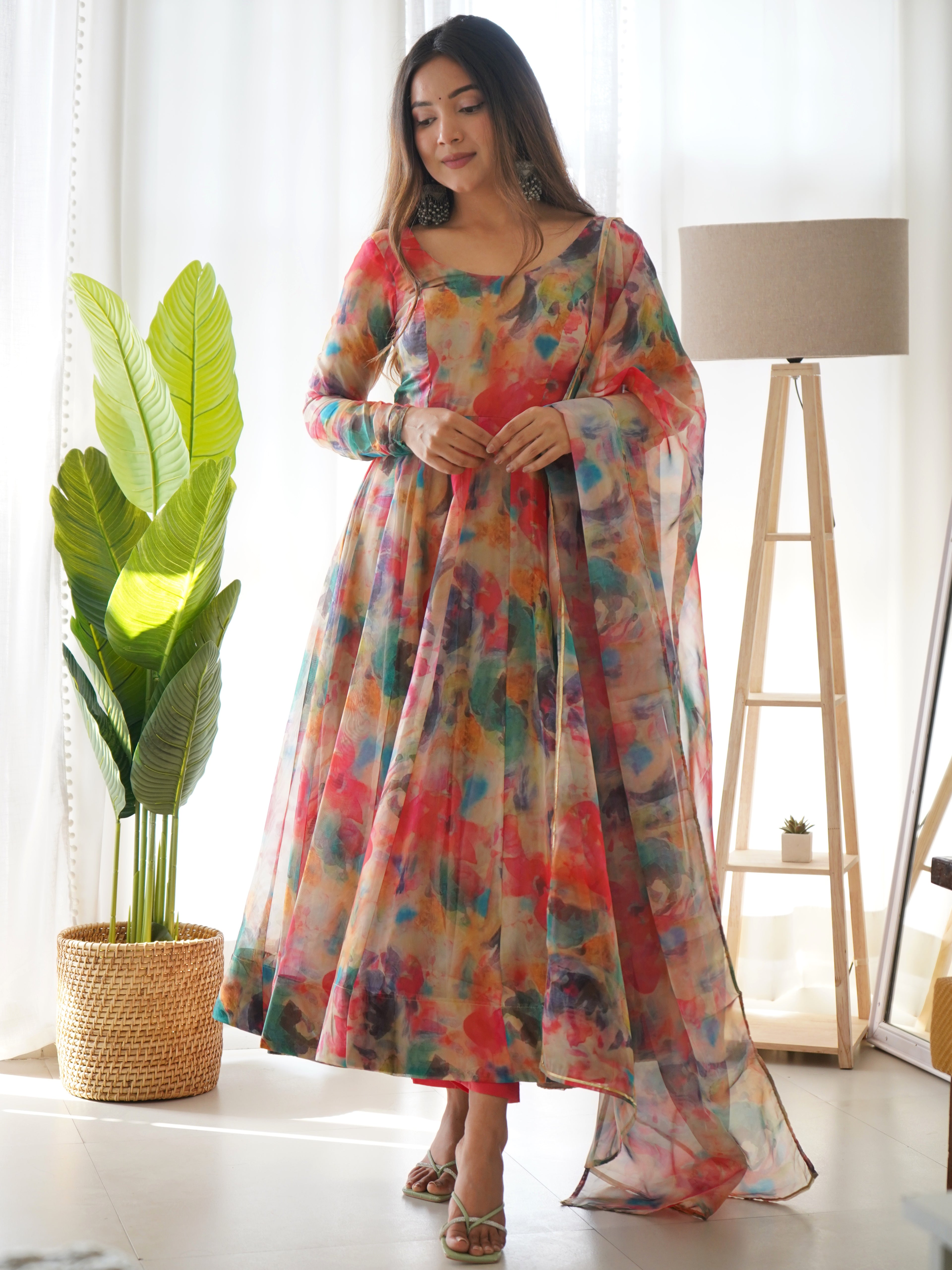 Fancy Organza Silk Kali Pattern Multi Color Anarkali Suit