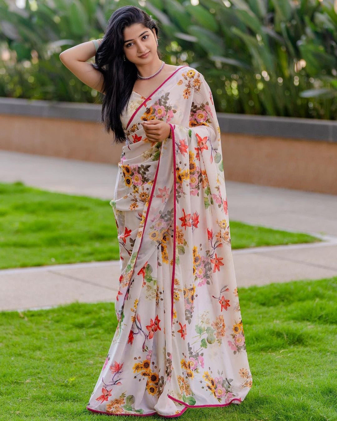 Casual Wear White Color Flower Design Saree