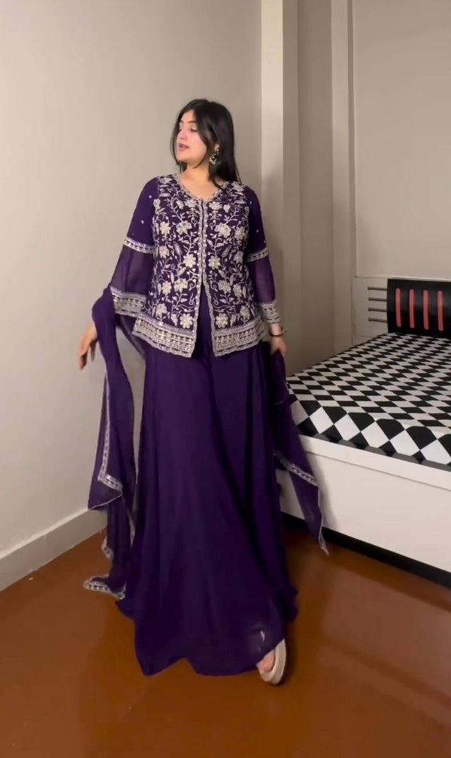 Outstanding Work Purple Color Palazzo With Top