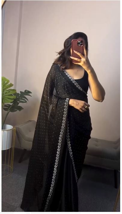 Party Wear Diamond Work Black Saree