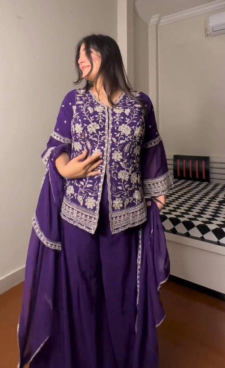 Outstanding Work Purple Color Palazzo With Top