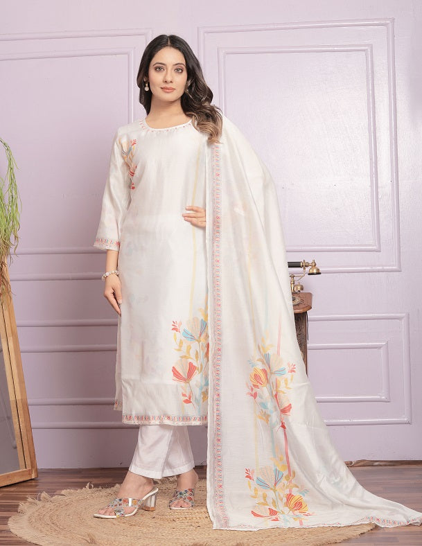 Stylish White Color Work With Print Straight Kurti Set