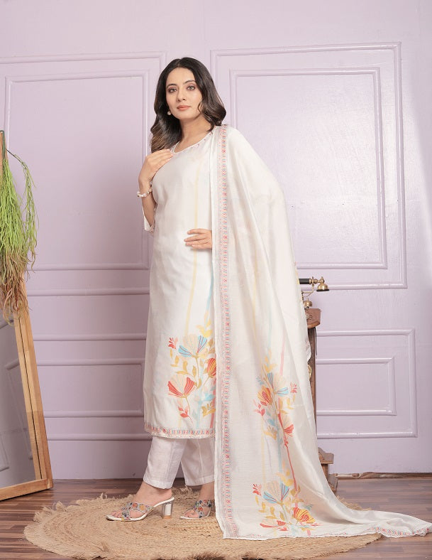 Stylish White Color Work With Print Straight Kurti Set