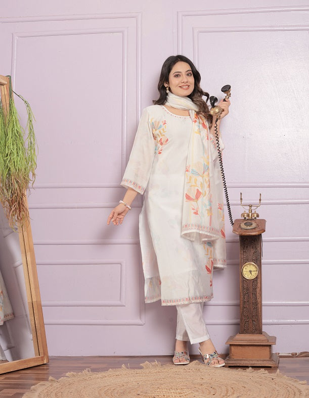 Stylish White Color Work With Print Straight Kurti Set