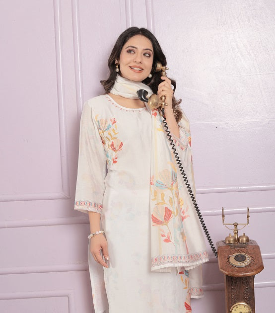 Stylish White Color Work With Print Straight Kurti Set