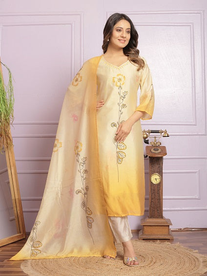 Hand Work Yellow Kurti With Pant With Dupatta