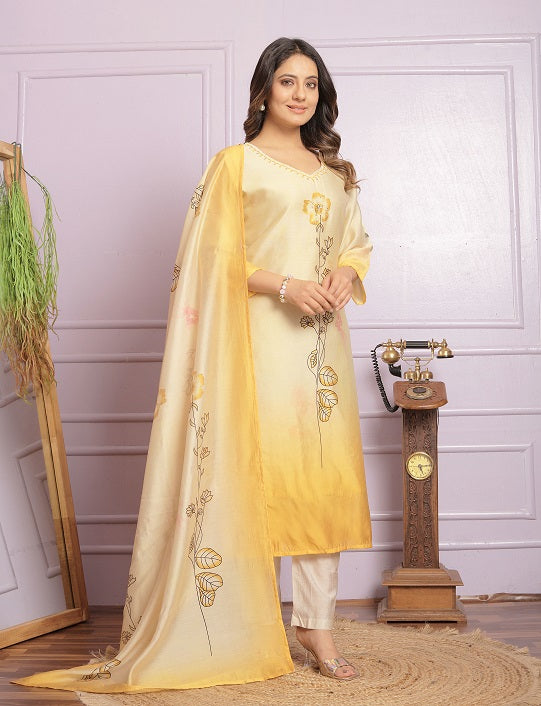 Hand Work Yellow Kurti With Pant With Dupatta