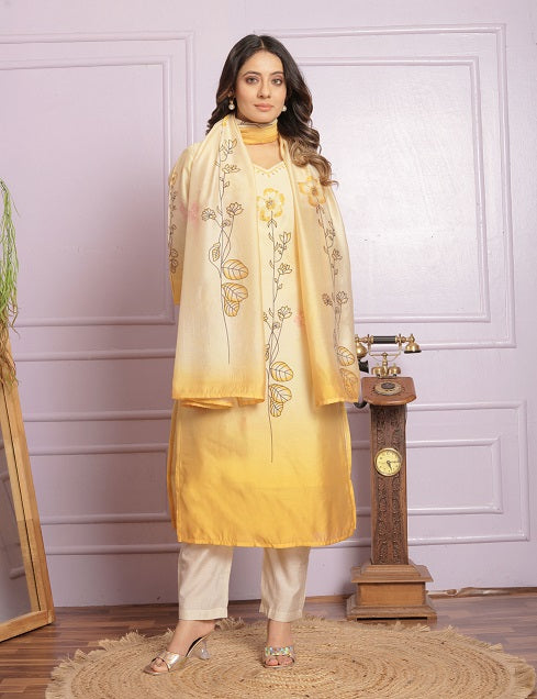 Hand Work Yellow Kurti With Pant With Dupatta