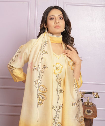 Hand Work Yellow Kurti With Pant With Dupatta