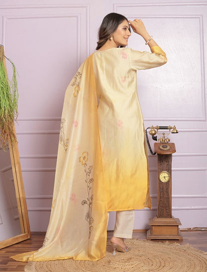 Hand Work Yellow Kurti With Pant With Dupatta