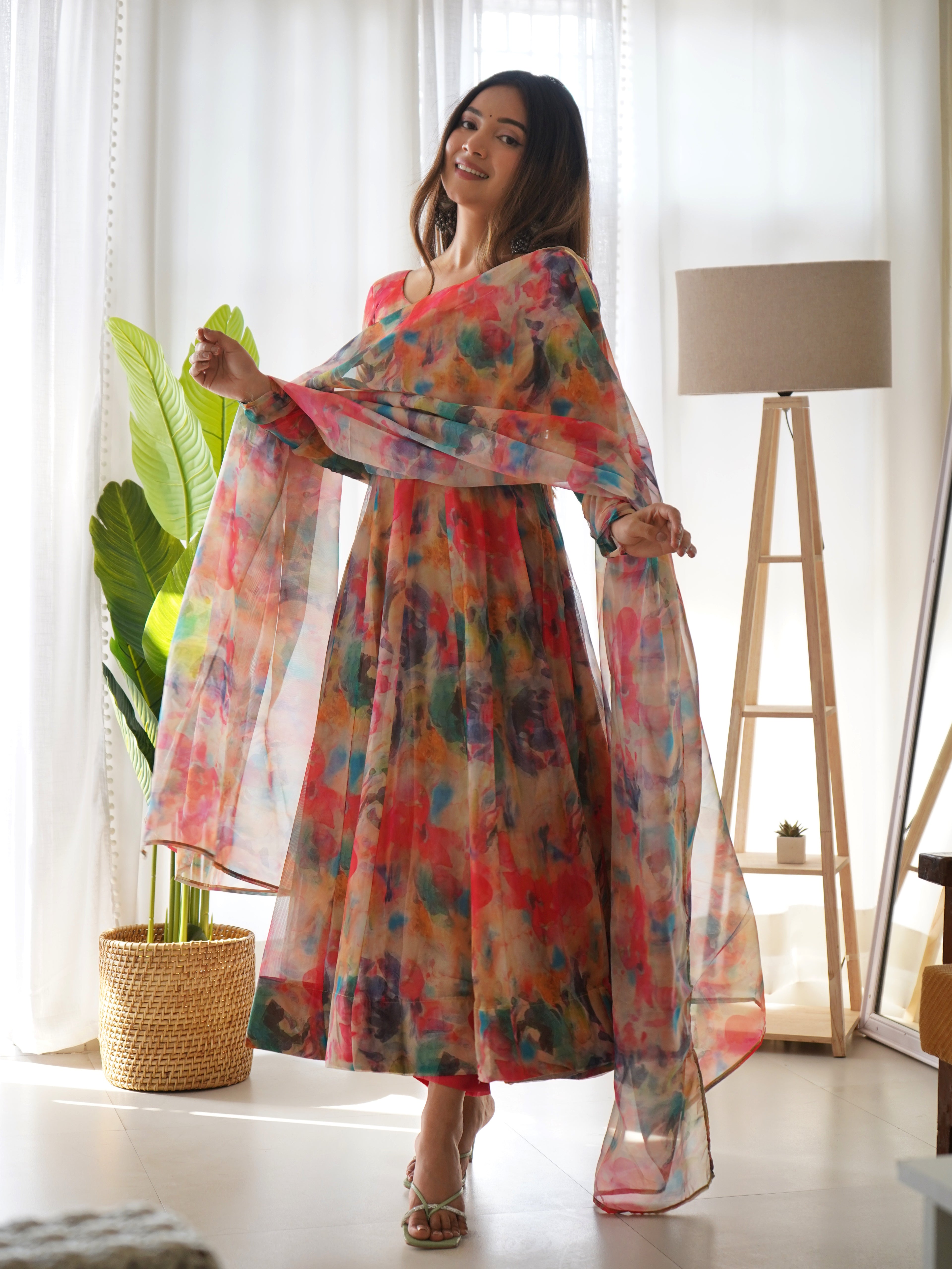 Fancy Organza Silk Kali Pattern Multi Color Anarkali Suit