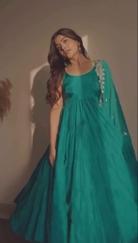 Beautiful Aqua Blue Color Ruffle Flair Anarkali Gown