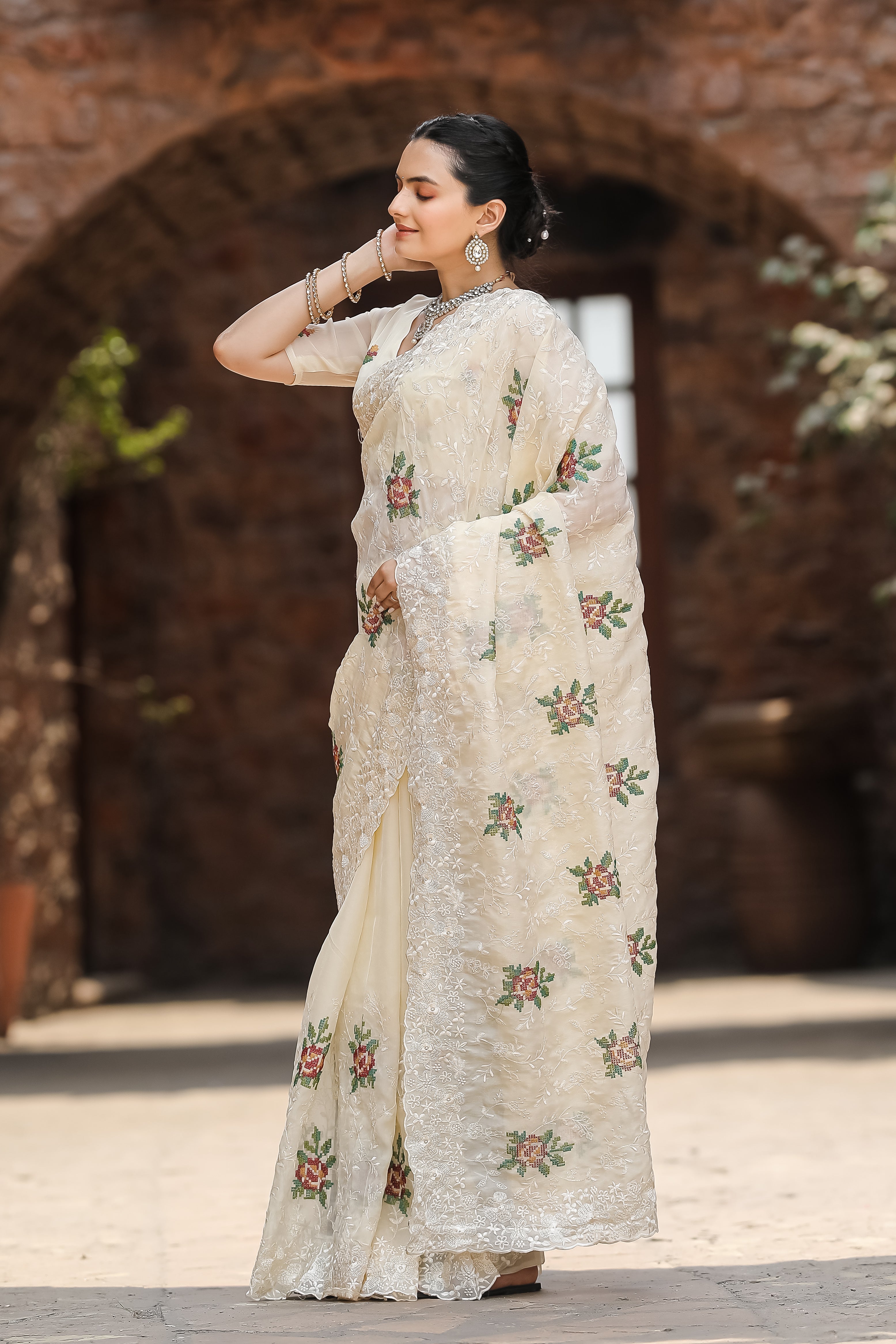 Beautiful All Over Work Chiffon Cream Color Saree