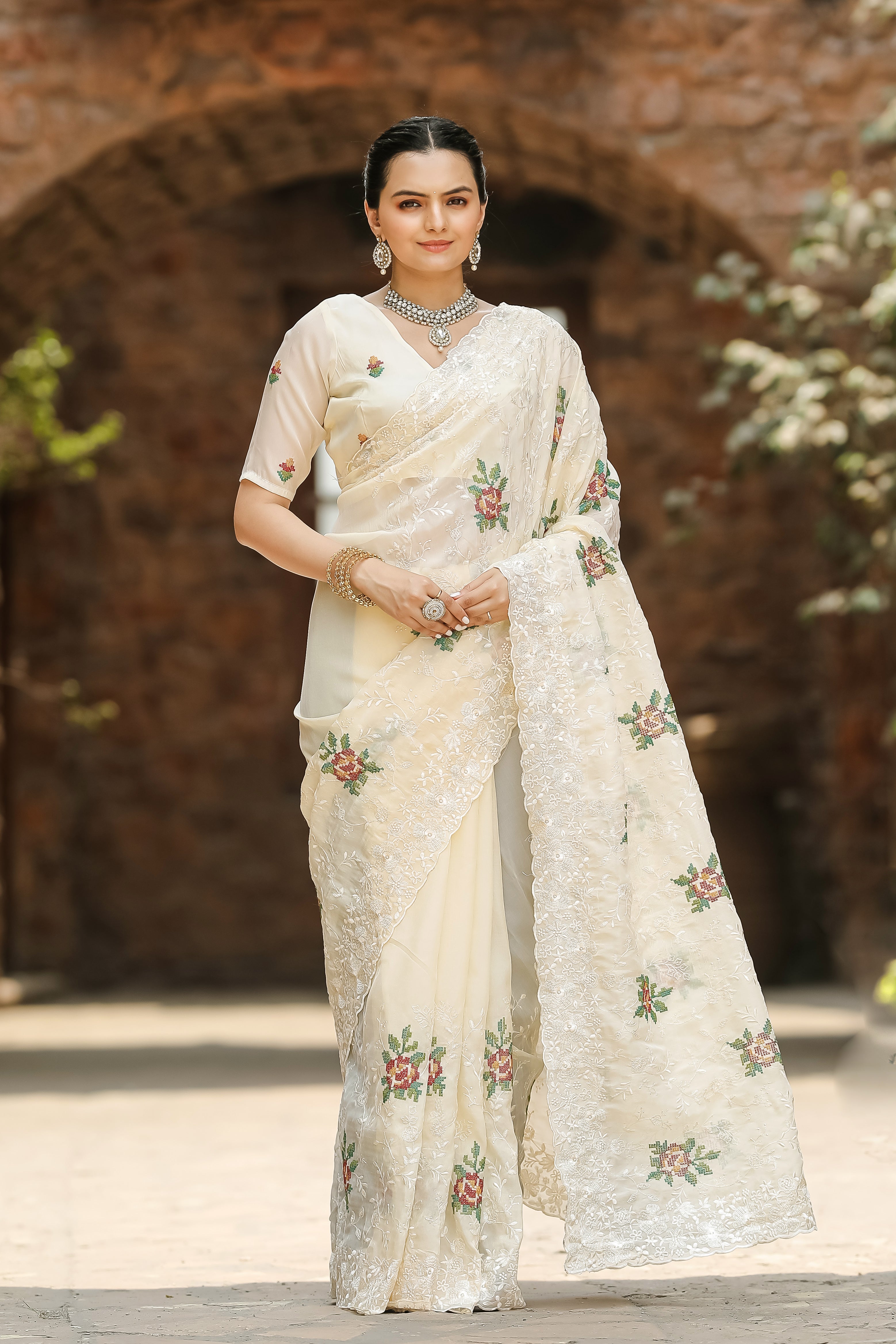 Beautiful All Over Work Chiffon Cream Color Saree