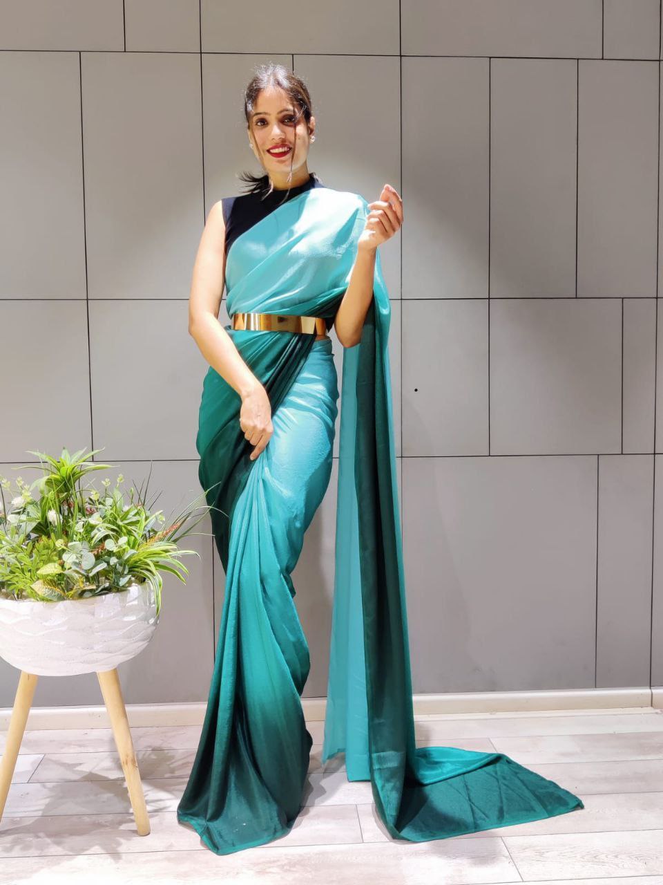 Double Shaded Teal Blue Ready To Wear Satin Saree