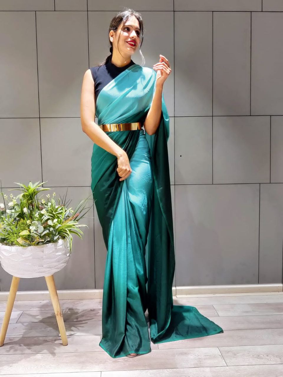 Double Shaded Teal Blue Ready To Wear Satin Saree