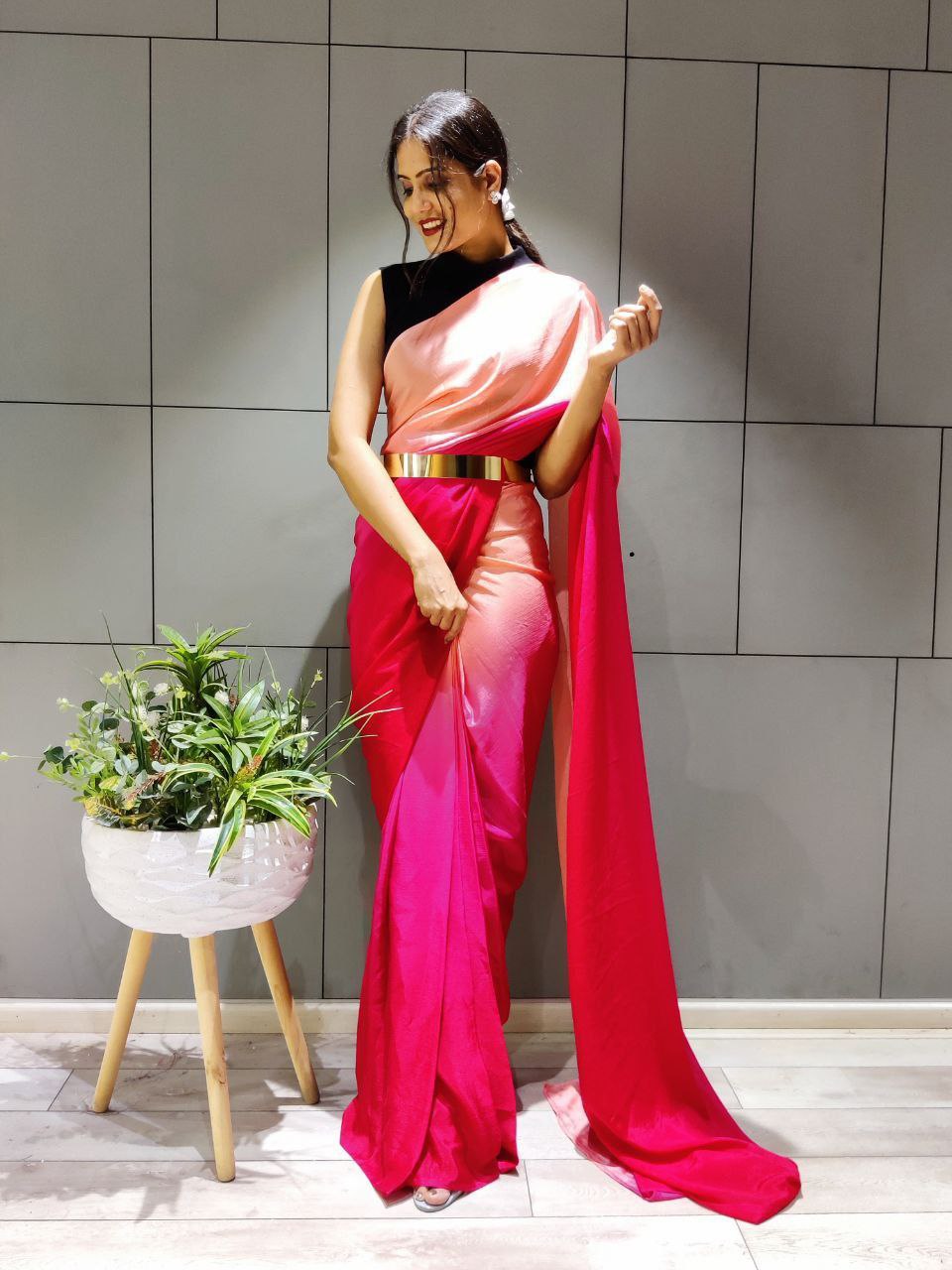 Double Shaded Pink Ready To Wear Satin Saree