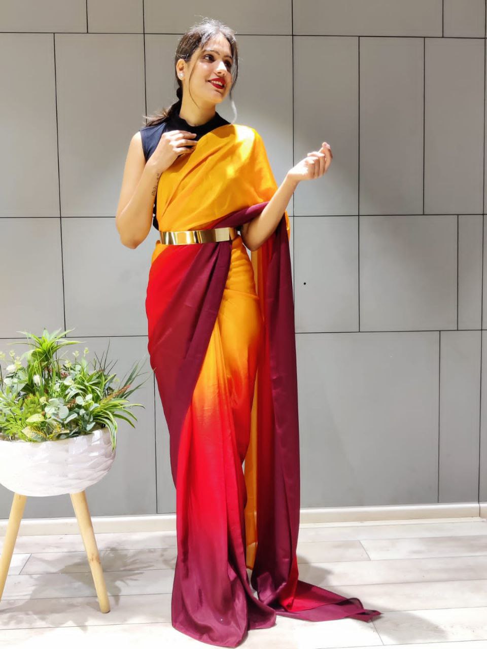 Double Shaded Yellow Ready To Wear Satin Saree