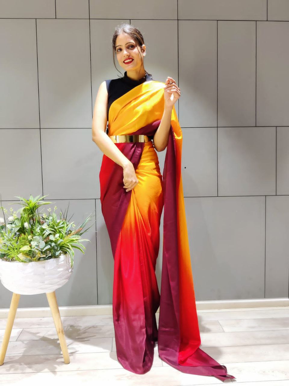 Double Shaded Yellow Ready To Wear Satin Saree