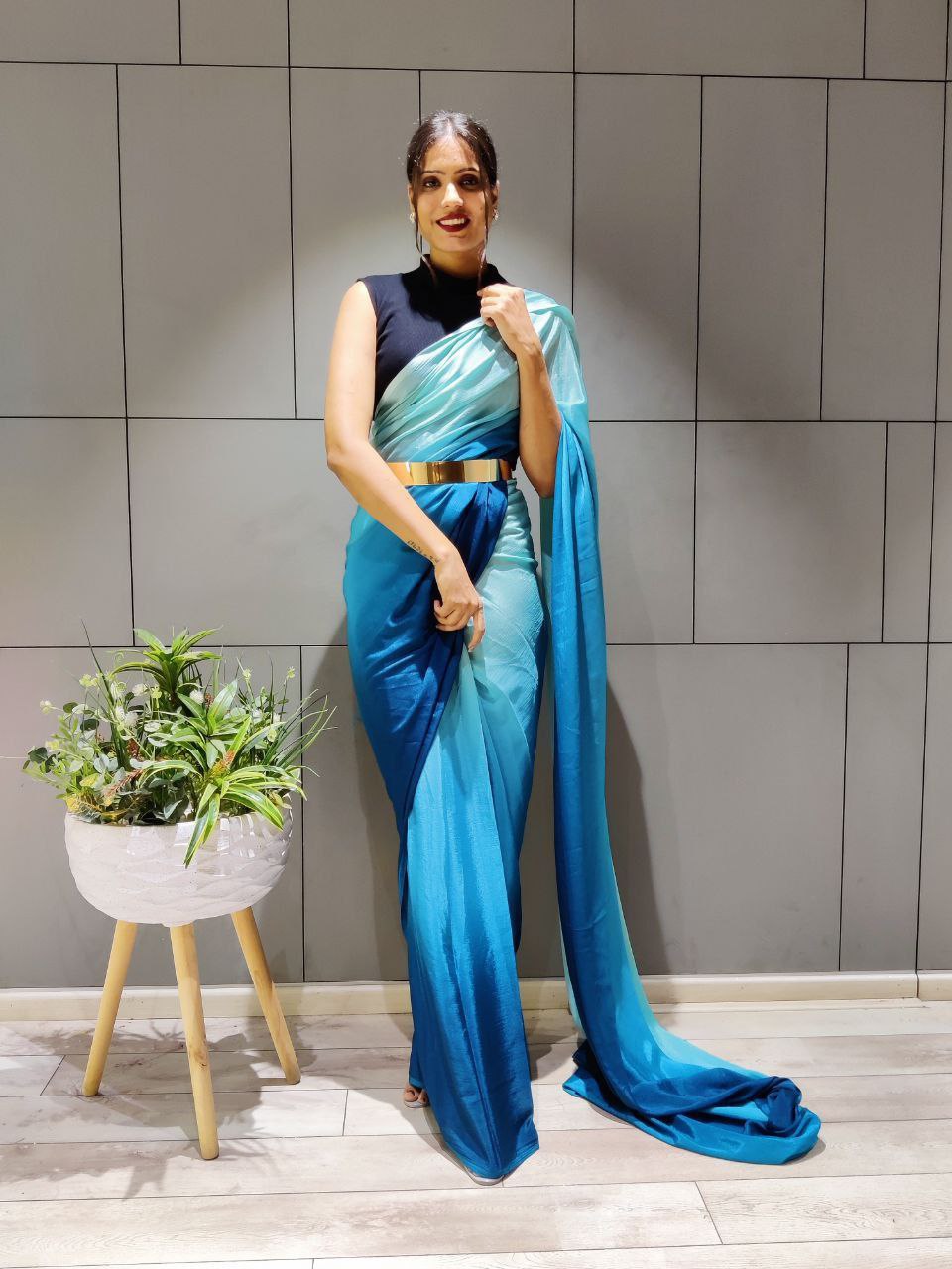 Double Shaded Sky Blue Ready To Wear Satin Saree