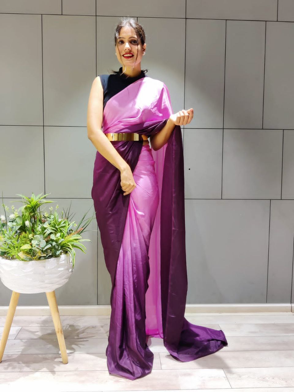 Double Shaded Wine Ready To Wear Satin Saree