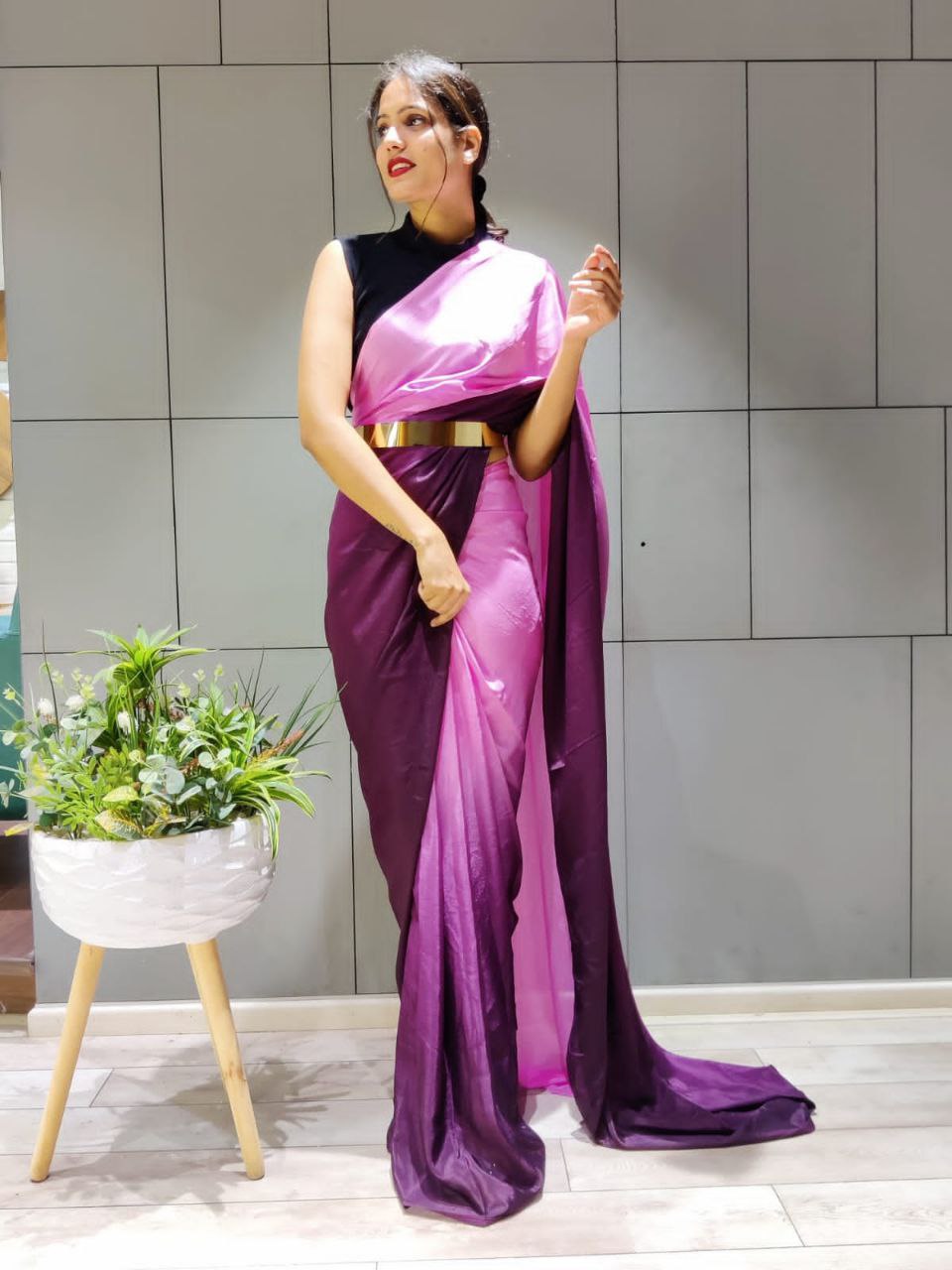 Double Shaded Wine Ready To Wear Satin Saree