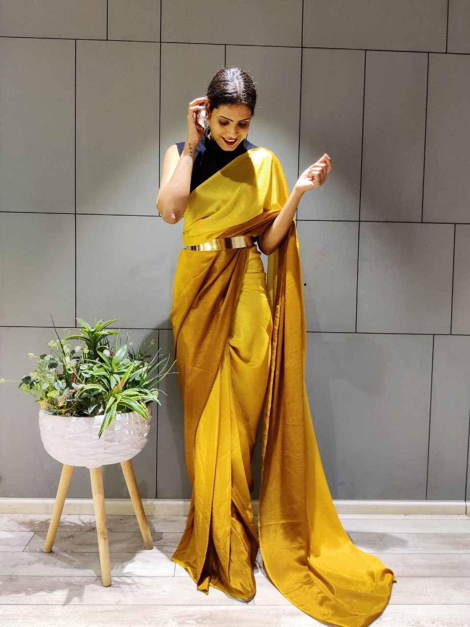 Double Shaded Mustard Ready To Wear Satin Saree