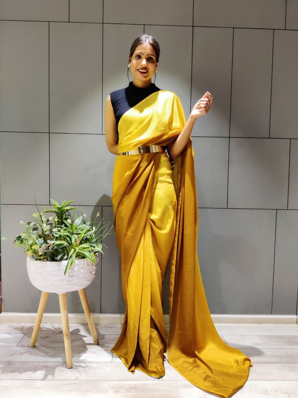 Double Shaded Mustard Ready To Wear Satin Saree