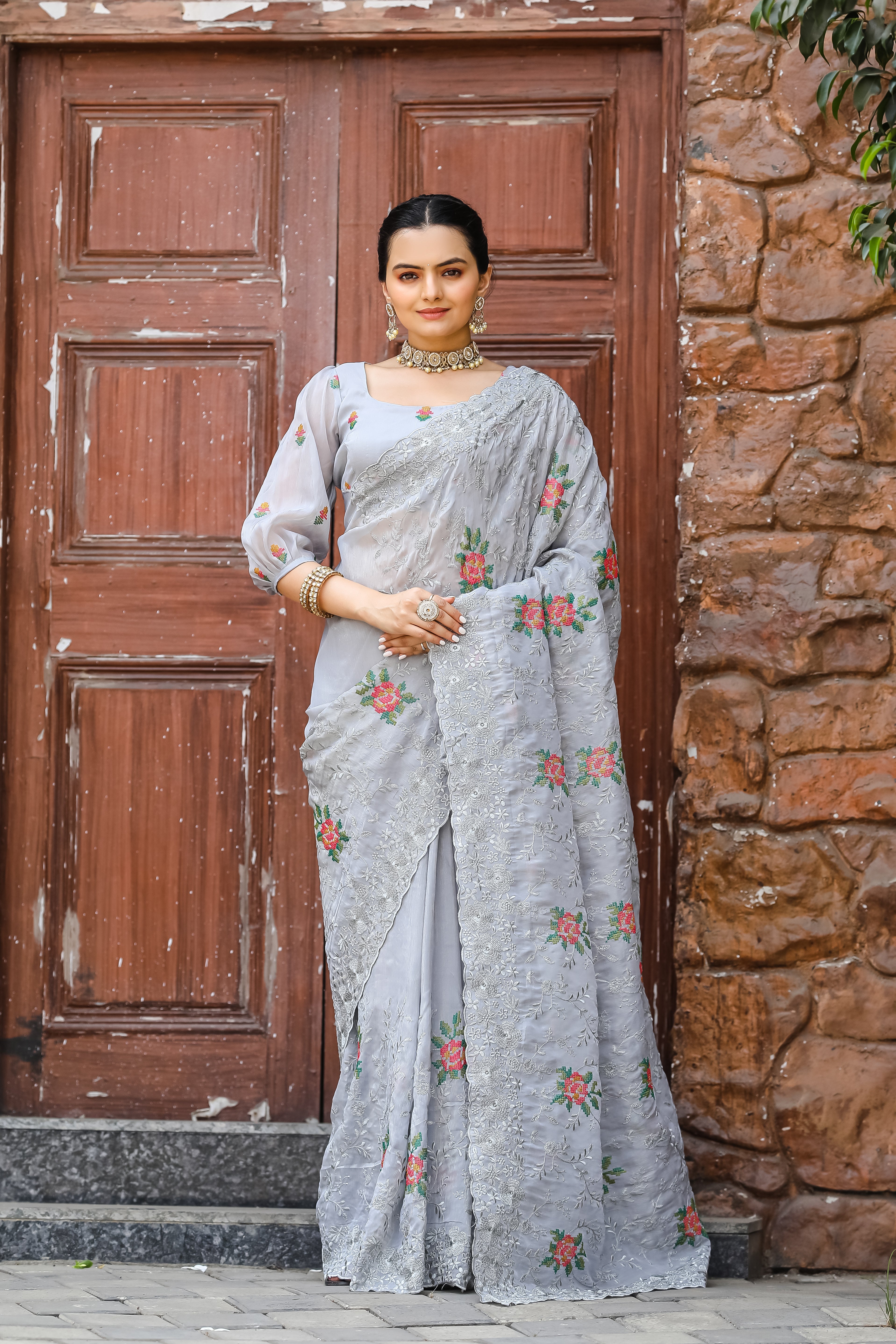 Beautiful All Over Work Chiffon Grey Color Saree