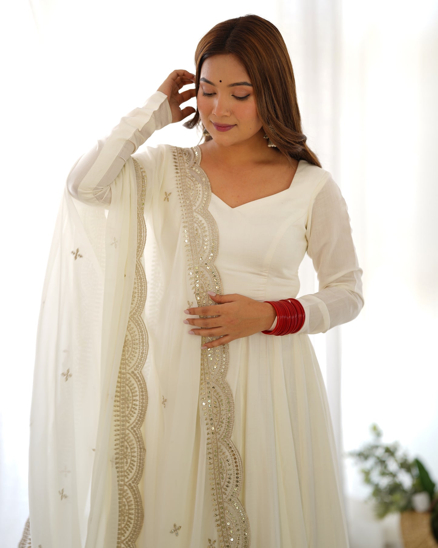 Fabulous White Color Romansilk  Chanderi Gown