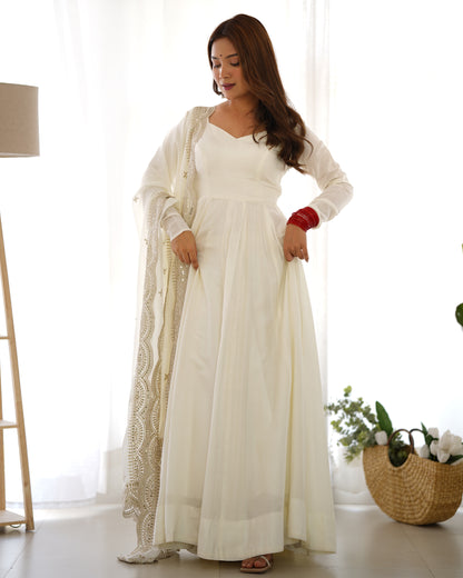 Fabulous White Color Romansilk  Chanderi Gown