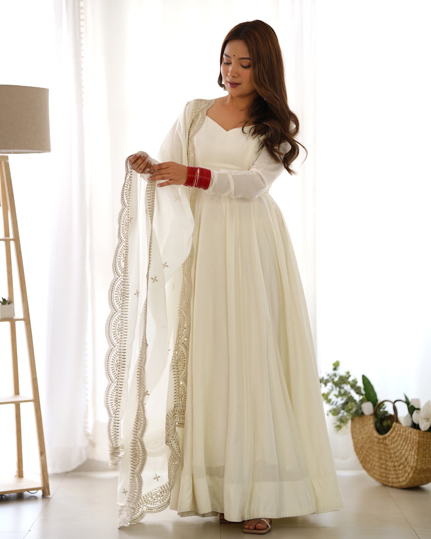 Fabulous White Color Romansilk  Chanderi Gown