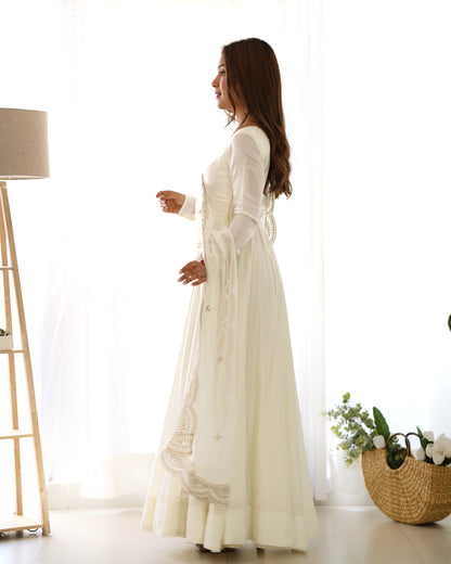 Fabulous White Color Romansilk  Chanderi Gown