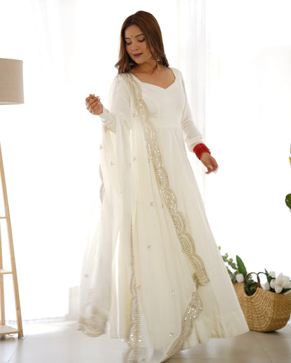 Fabulous White Color Romansilk  Chanderi Gown