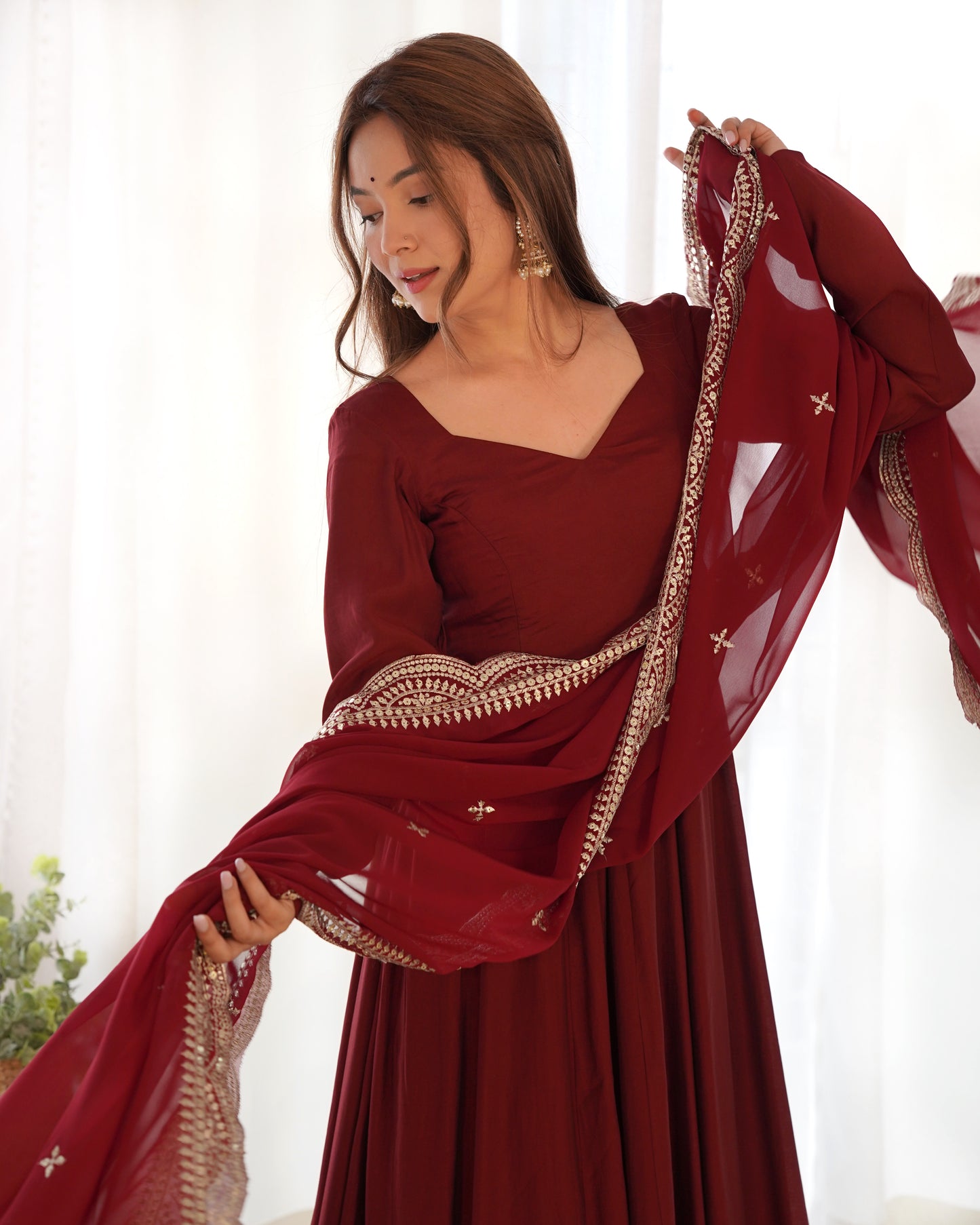 Fabulous Maroon Color Romansilk  Chanderi Gown