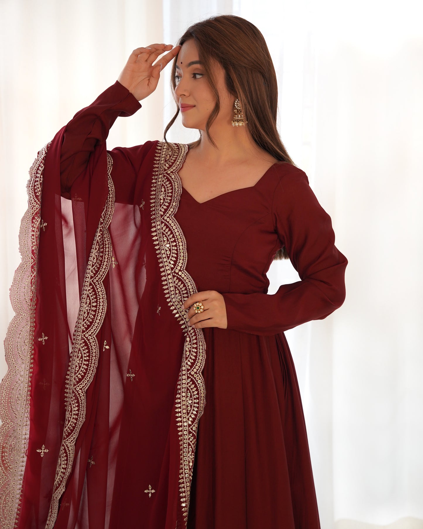 Fabulous Maroon Color Romansilk  Chanderi Gown