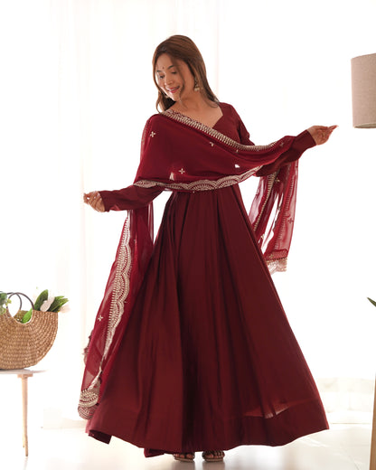 Fabulous Maroon Color Romansilk  Chanderi Gown