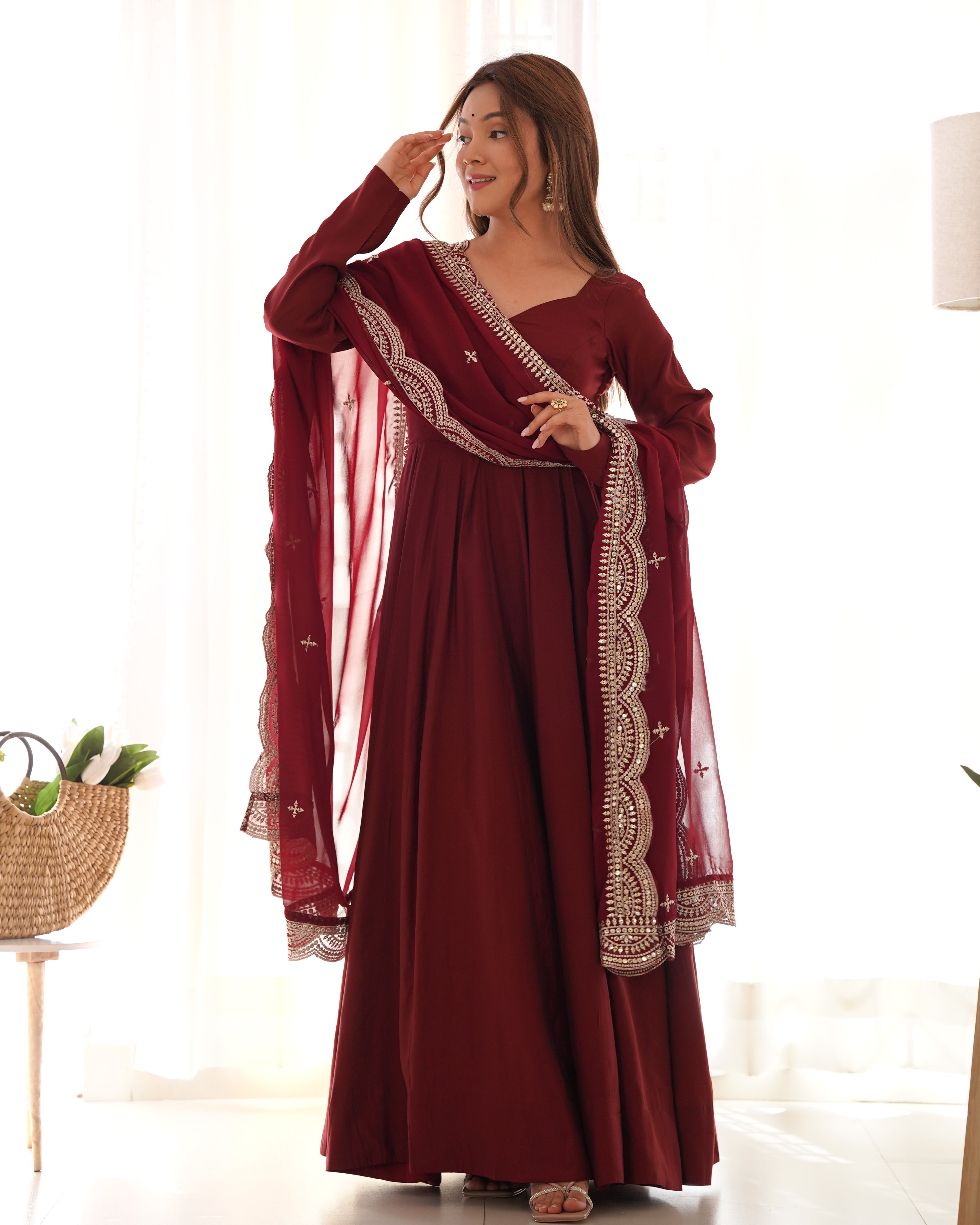 Fabulous Maroon Color Romansilk  Chanderi Gown