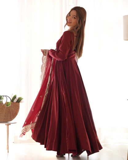 Fabulous Maroon Color Romansilk  Chanderi Gown