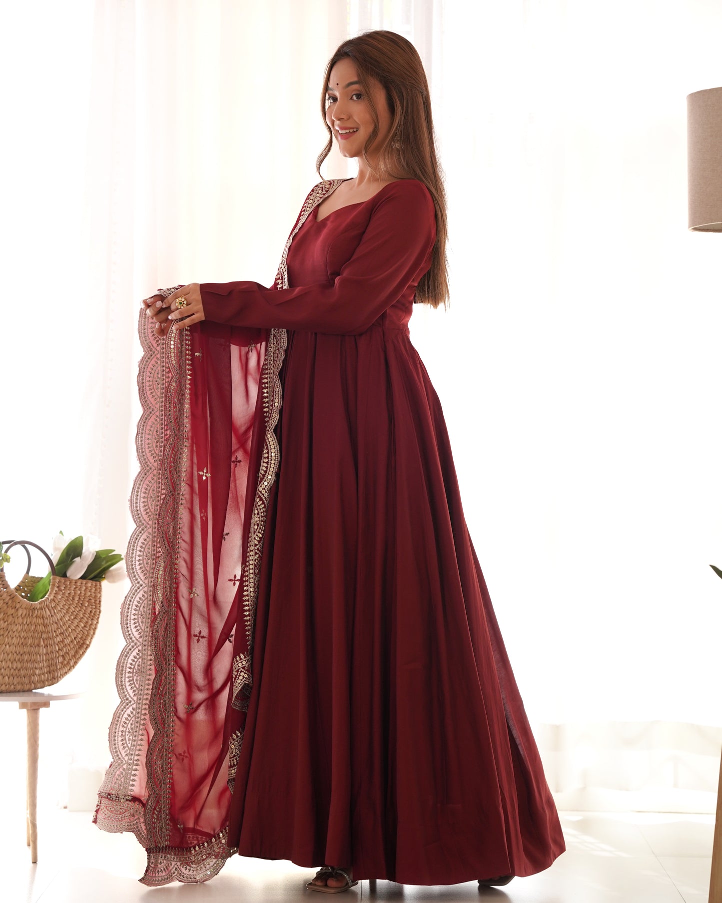 Fabulous Maroon Color Romansilk  Chanderi Gown