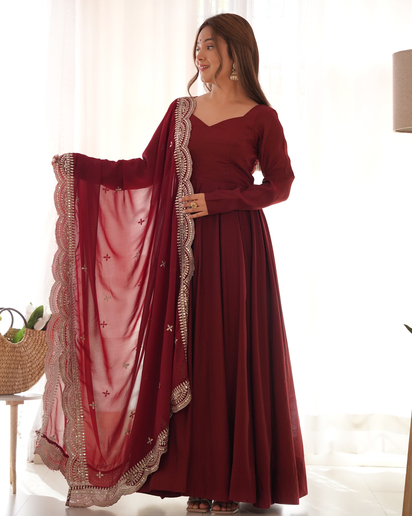 Fabulous Maroon Color Romansilk  Chanderi Gown