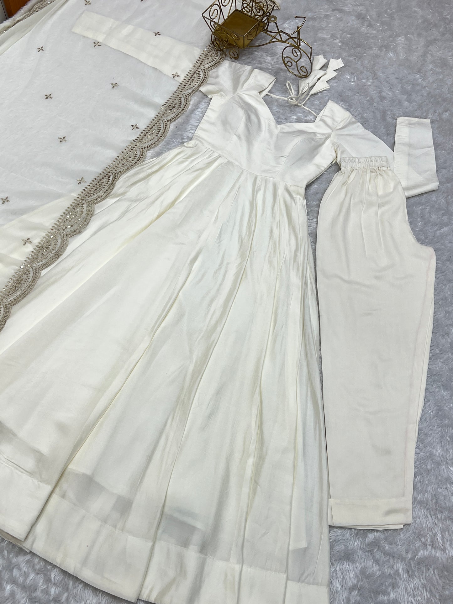 Fabulous White Color Romansilk  Chanderi Gown