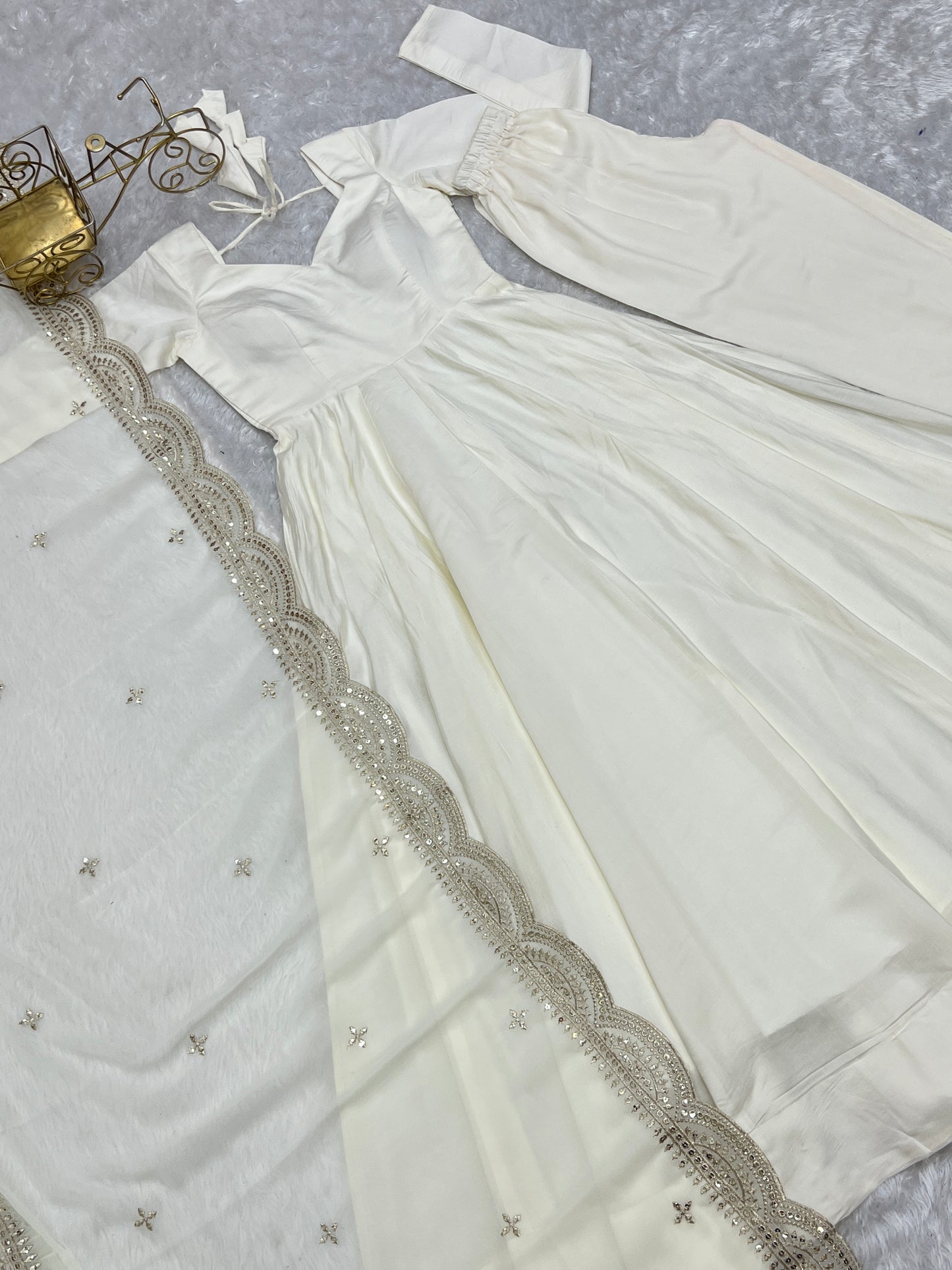 Fabulous White Color Romansilk  Chanderi Gown