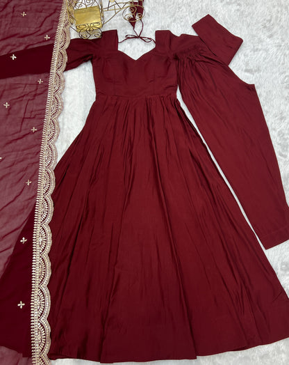 Fabulous Maroon Color Romansilk  Chanderi Gown