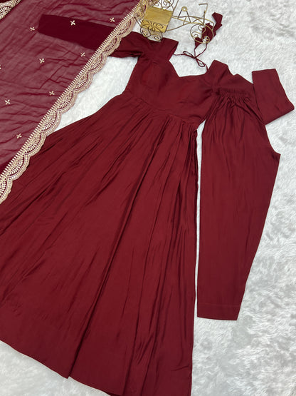 Fabulous Maroon Color Romansilk  Chanderi Gown