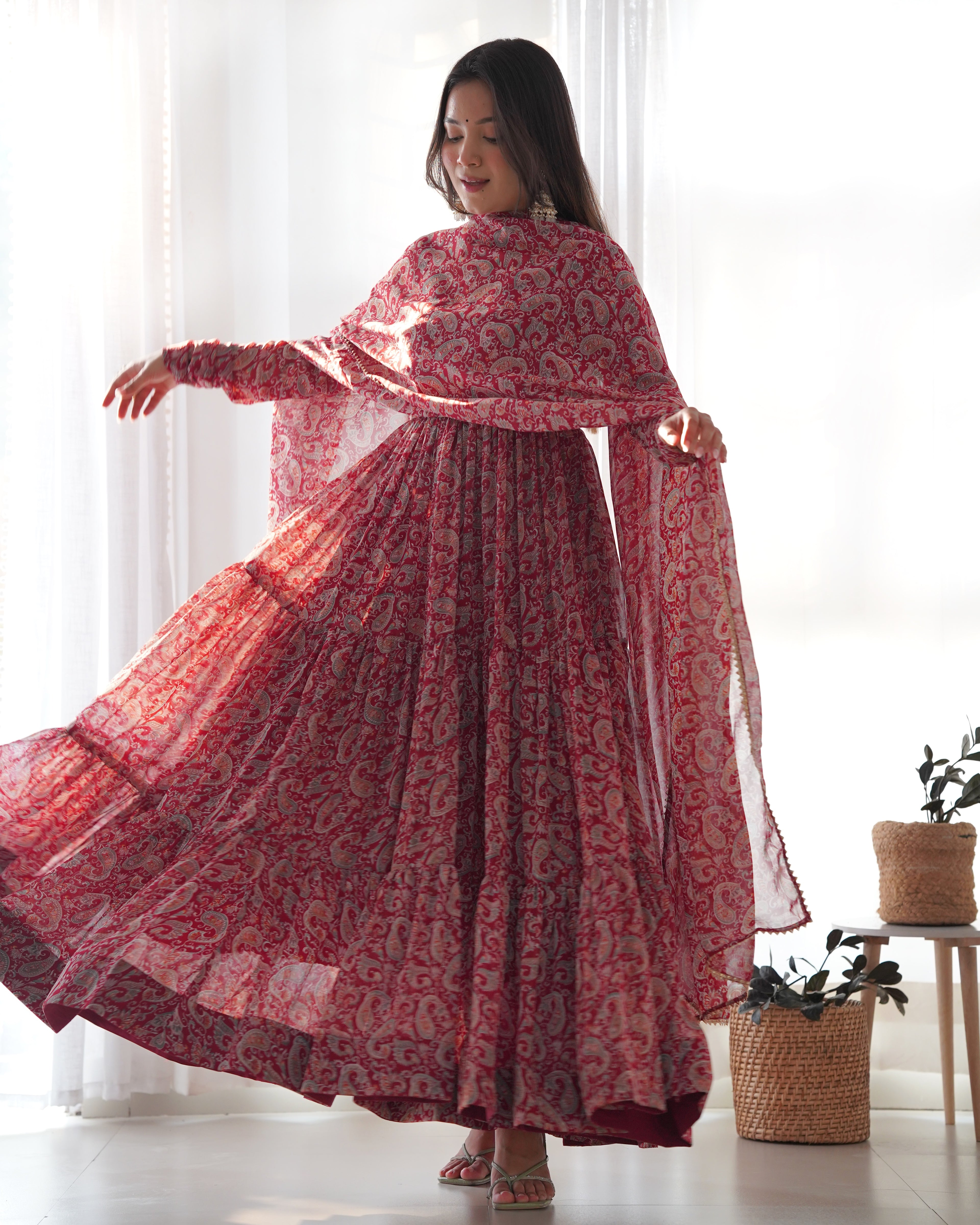 Fancy Ruffle Style Kalamkari Print Maroon Color Gown