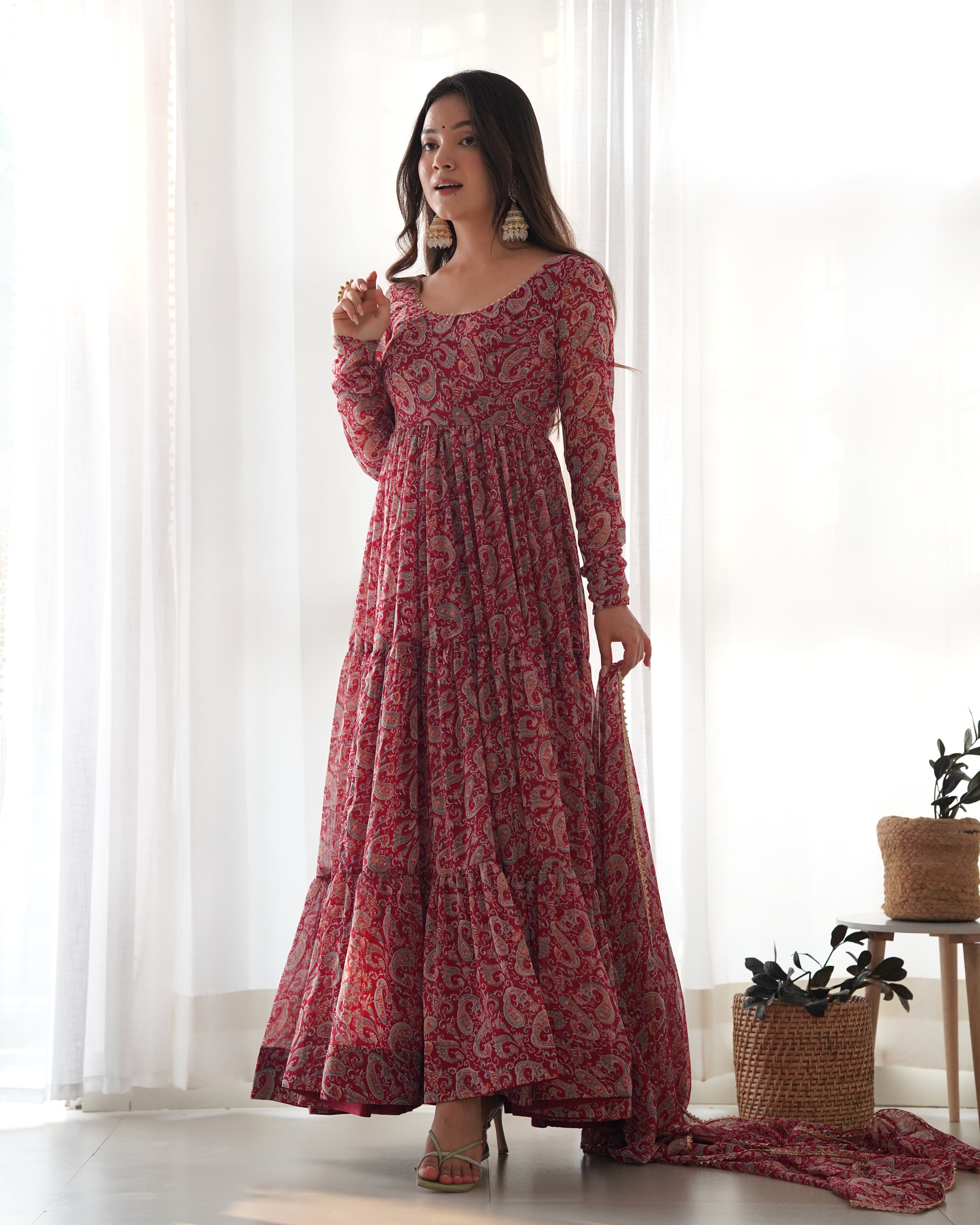 Fancy Ruffle Style Kalamkari Print Maroon Color Gown