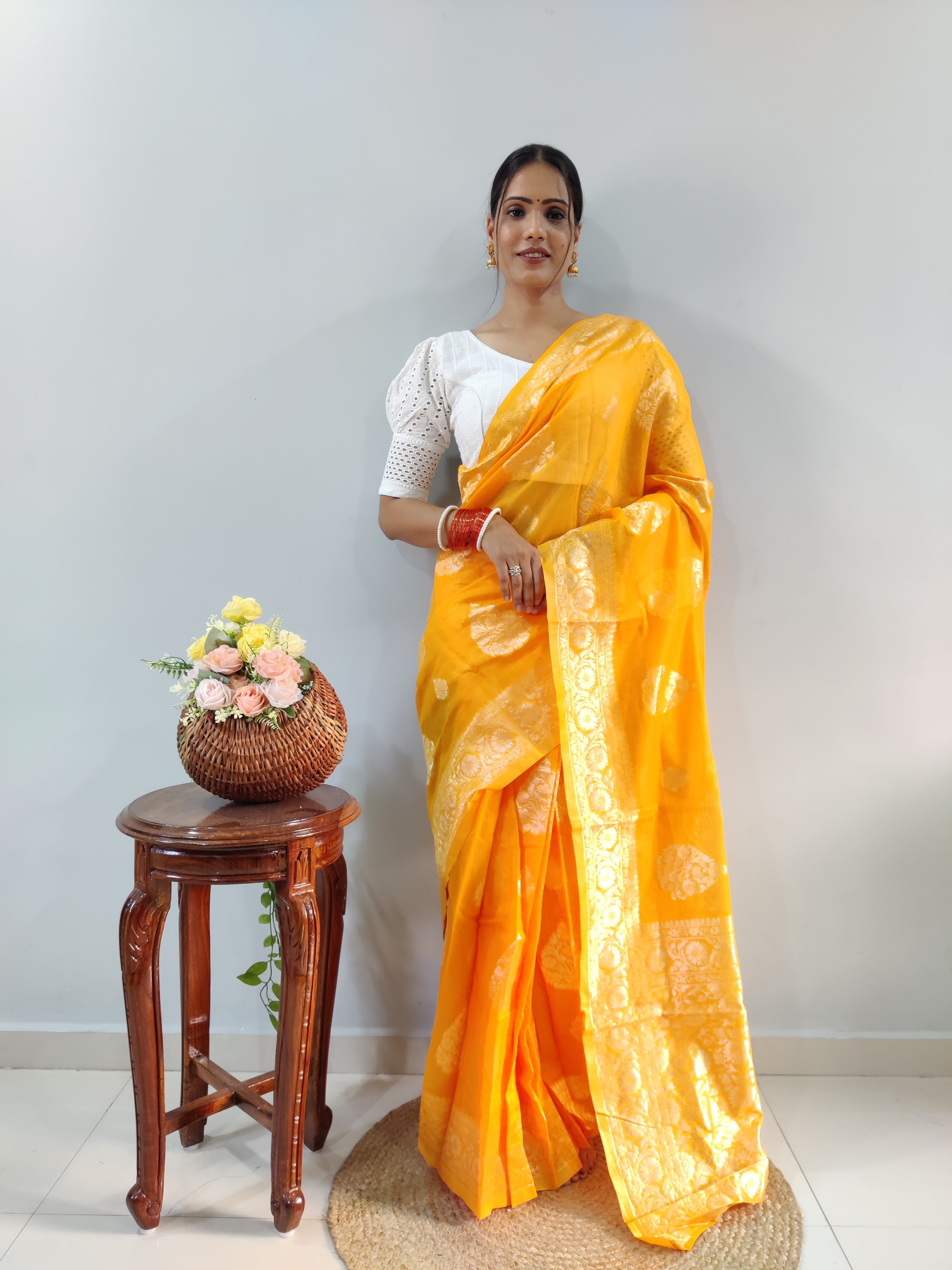 Fabulous Bright Orange Color Ready To Wear Saree