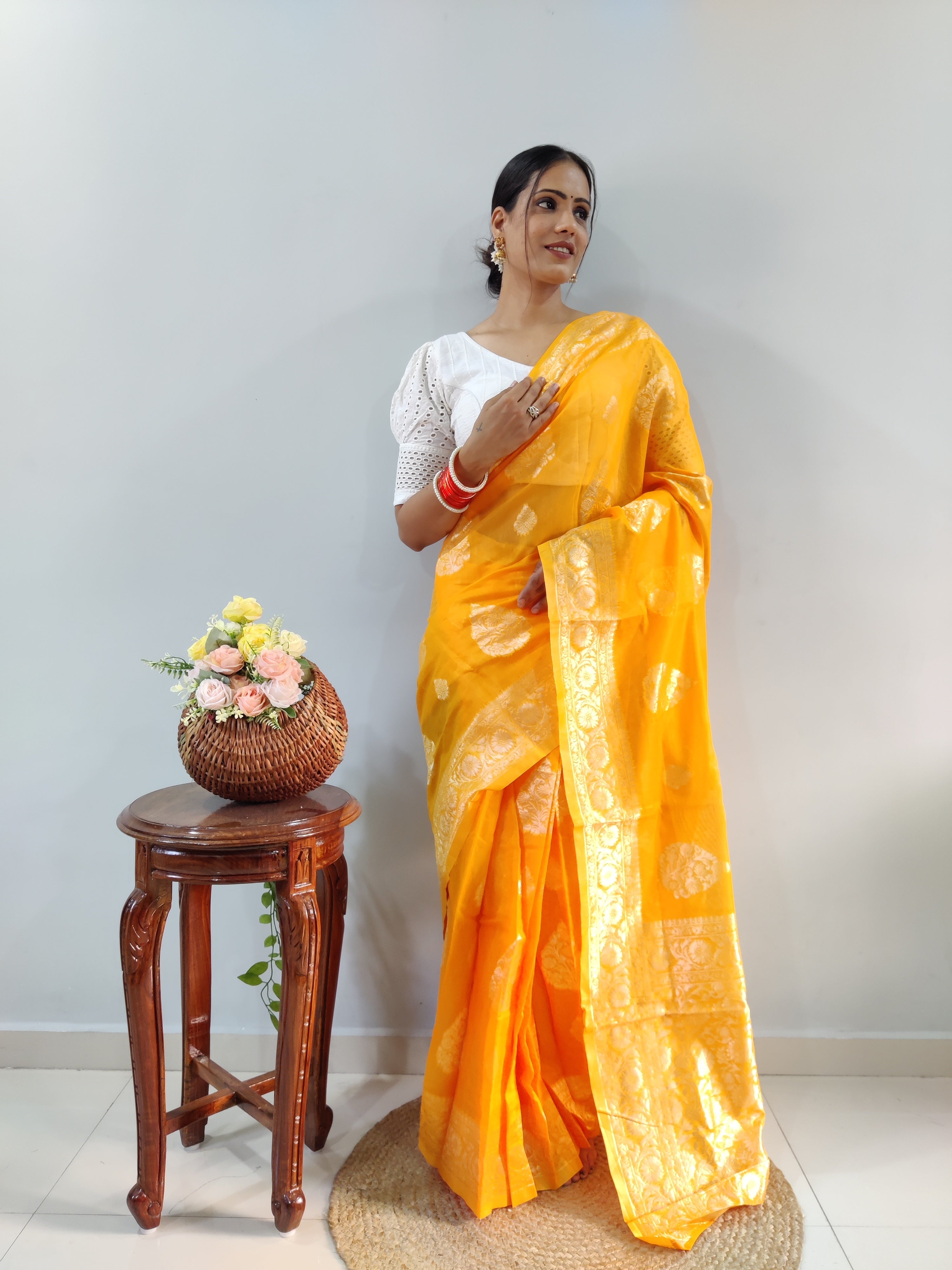 Fabulous Bright Orange Color Ready To Wear Saree